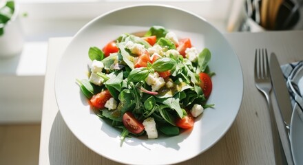 Close-up of a fresh salad in a white bowl, with fork and knife on wooden table