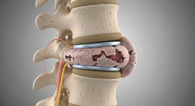 Degenerated human spinal disc shown between vertebrae indicating a severe medical condition