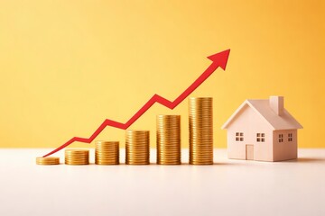 Increasing value of real estate investment with growing stacks of coins and rising red arrow on yellow background JPG image