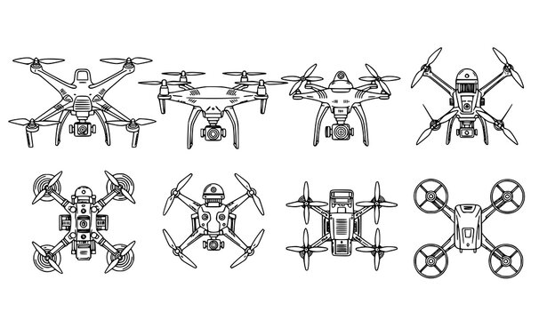 Top view quadcopter drone collection aerial photography UAV outline vector set