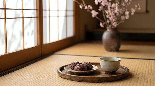 Traditional Botamochi Rice Cake and Green Tea on Tatami.