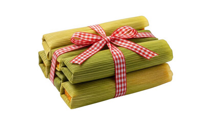 Stack of green towels tied with red ribbon isolated on transparent background