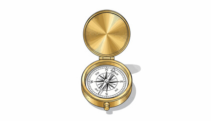 Antique Brass Compass Open, Nautical Navigation Tool, Isolated on White Background
