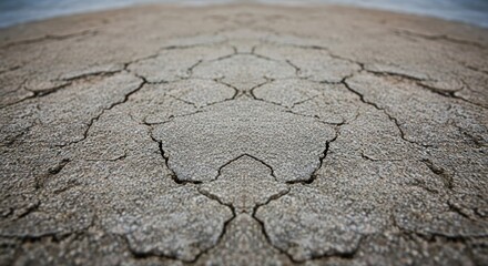 Obraz premium Cracked, textured ground stretches outward, mirrored at center, leading to a blurred horizon