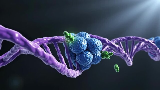 DNA helix with blue proteins and green enzymes attached