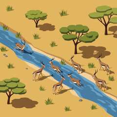Group of antelopes crossing a river in a savannah landscape. © agussssss
