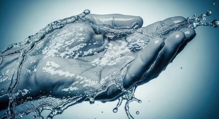 Obraz premium Hand cupped, holding flowing water with splashes against a gradient blue background