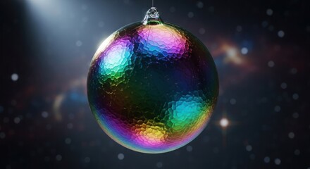 Obraz premium Iridescent sphere ornament, textured, suspended against a blurred cosmic background