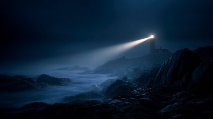A coastal scene at night with a beacon of light illuminating the rugged shoreline. A lighthouse stands tall