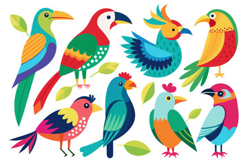 Obraz premium A colorful illustration of various birds and leaves on a white background