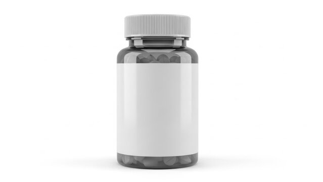 A sleek transparent pill bottle with a white cap containing small capsule supplements