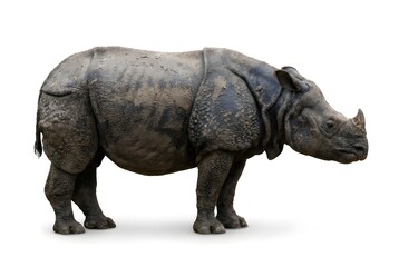 Obraz premium Javan Rhinoceros Full Body Profile Standing Hyper-Realistic With Leathery Skin Texture And Mud-Caked Charcoal Detail