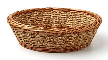 Fototapeta premium Traditional Woven Bread Basket Empty On White Background, Rustic Kitchen Storage Decor Product Photography