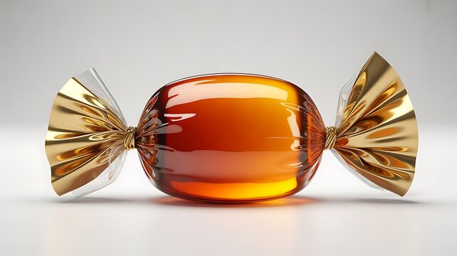 A photorealistic rendering of a shiny orange candy with golden foil wrappers on both ends