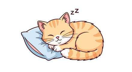 Cute cartoon orange tabby kitten sleeping soundly on a blue pillow with 'zz' above its head.