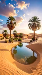 A serene desert oasis with palm trees and a tranquil pool