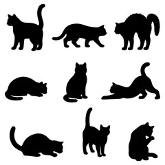 Vector illustration. Silhouettes of black cats. Set of animal stickers. Large set.	