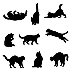 Vector illustration. Silhouettes of black cats. Set of animal stickers. Large set.	