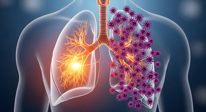 Detailed 3D representation of human lungs showing a viral infection versus healthy pulmonary tissue
