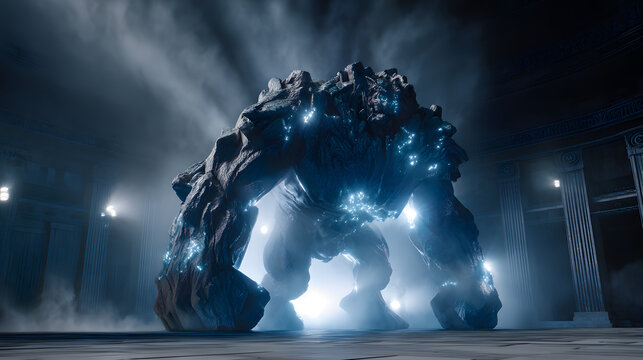 Colossal ancient golem demon powered by glowing AI cores