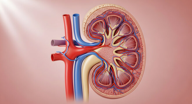 Detailed anatomical cross section of a human kidney showcasing internal structures, vessels, and ureter
