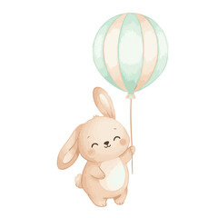 Cute watercolor bunny holding a pastel balloon adorable illustration. © Hato