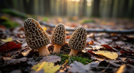 Three morel mushrooms with textured caps stand amidst fallen leaves in a sunlit forest