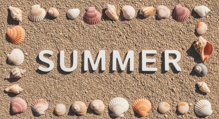 Summer" spelled out with white letters, seashells forming a border on a sandy surface