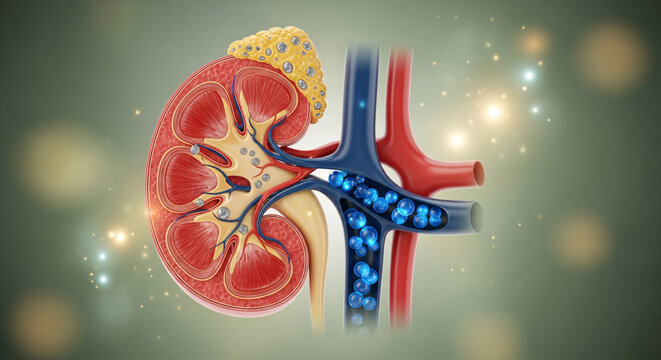 Detailed anatomical cross section of a human kidney with vessels and an adrenal gland