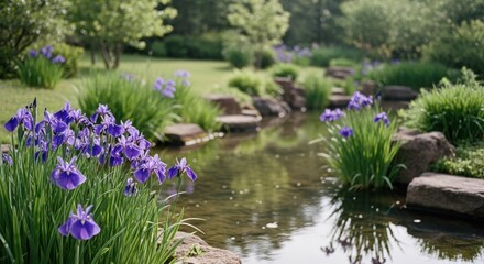 Tranquil garden scene with a stream, vibrant purple irises, and stepping stones