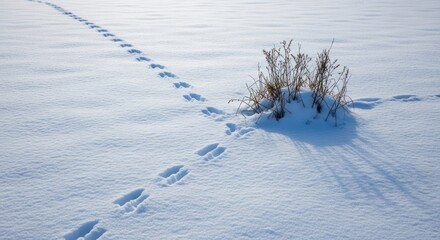 Tracks of animal and sparse plant cluster on a snowy plain under sunlight with long shadows