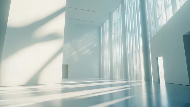 Spacious white gallery hall featuring modern minimalist design, clean lines, and geometric sunlight patterns casting dynamic shadows across the polished floor and tall windows