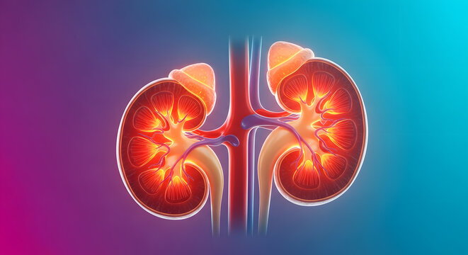 Detailed anatomical cross section of human kidneys showing internal structures with glowing vitality