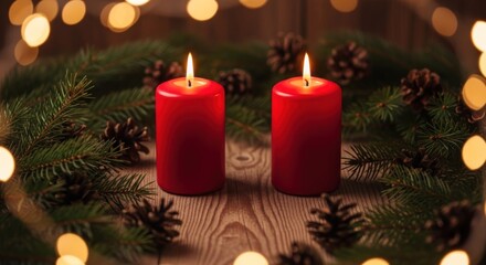 Two lit red candles, evergreen sprigs, pinecones, and bokeh lights on a wooden surface