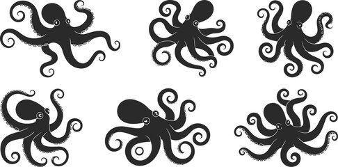 Octopus Silhouette Collection with Curved Tentacles in Different Poses, Marine Sea Life Wildlife Vector Illustration Set © Ideasy Mind