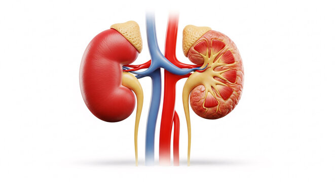 Detailed anatomical illustration of human kidney system featuring renal arteries, veins, and ureters