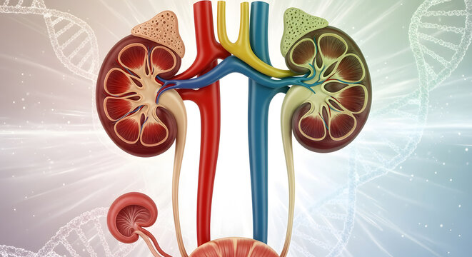 Detailed anatomical illustration of human kidneys and adrenal glands with connecting blood vessels and ureters