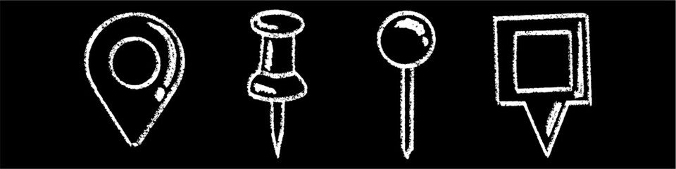 Set editable chalk drawing pin location icon vector for geography classes. Ideal for map lessons, travel plans, and school navigation themes. Symbolizes finding places and marking spots. © Taliax