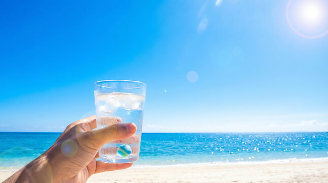 Refreshing Summer Sea Day Ramune Drink on Beach.