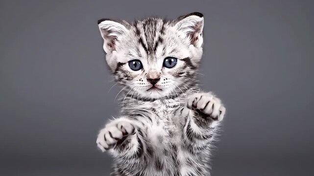 Cute kitten silver tabby adorable paws playful gray backdrop curious feline domestic animal