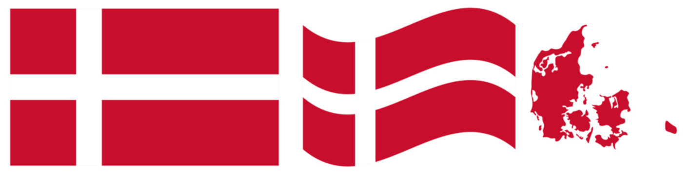 Denmark National Flag and Map. Official Kingdom of Denmark Emblem Known as the Dannebrog Featuring a White Nordic Cross on a Red Field with Geographical Country Map Silhouette.