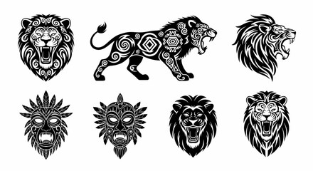 Fototapeta premium Roaring Tribal Lion Heads and Detailed African Masks Black Vector Illustration Set