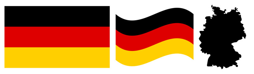 Obraz premium Germany National Flag and Map. Official Federal Republic of Germany Emblem Featuring Three Horizontal Stripes of Black, Red, and Gold with Geographical Country Map Silhouette.