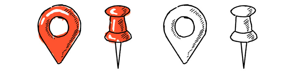 Set editable sketch drawing pin location icon vector for travel journals. Ideal for trip planning, map doodles, and adventure graphics. Symbolizes destination, route, and exploring areas. © Taliax
