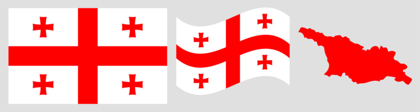 Georgia National Flag and Map: Official State Emblem Featuring a Large Red St. George&rsquo;s Cross on a White Field with Four Small Bolnisi Crosses in Each Quadrant and Geographical Country Map Silhouette.