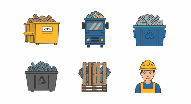 Waste Management and Recycling Icon Set with Dumpsters Truck Pallet and Worker