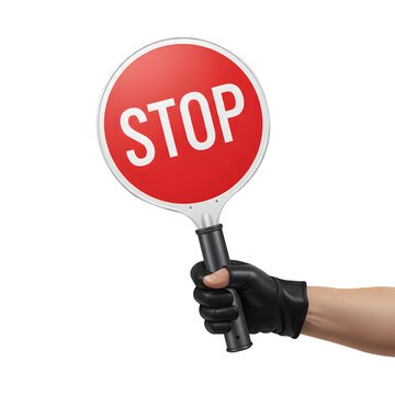 Gloved Hand Holding Round Red Handheld Stop Paddle Signal