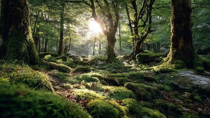Obraz premium Sunlit green forest with moss covered ground, bright sunlight rays through tall trees, lush woodland outdoors nature background