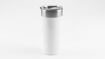 Modern stainless steel and white cylindrical canister with a sleek metallic top lid for storage