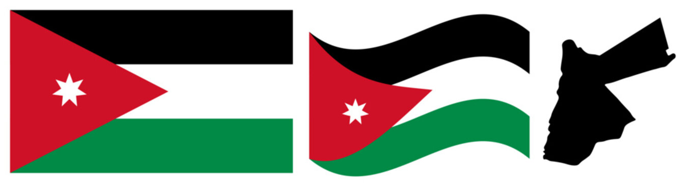 Jordan National Flag and Map. Official Hashemite Kingdom of Jordan Emblem Featuring Three Horizontal Stripes of Black, White, and Green with a Red Triangle at the Hoist Containing a White Seven-pointe